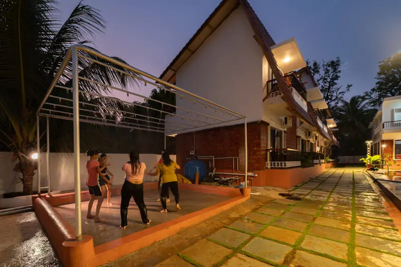 The pool terrace at dusk