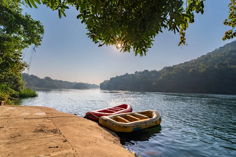 Inflatable boats at the river jetty